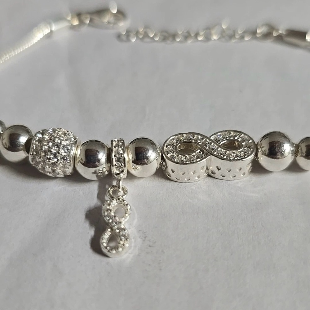 Sterling Silver Beaded Charm Bracelet Infinity Charm Design Bracelet - Picture 5 of 9